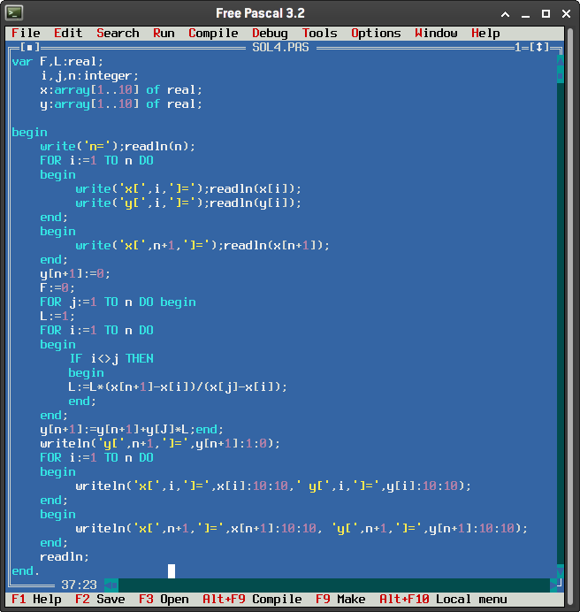 A screenshot of a Pascal interface. It shows code on a blue screen.
